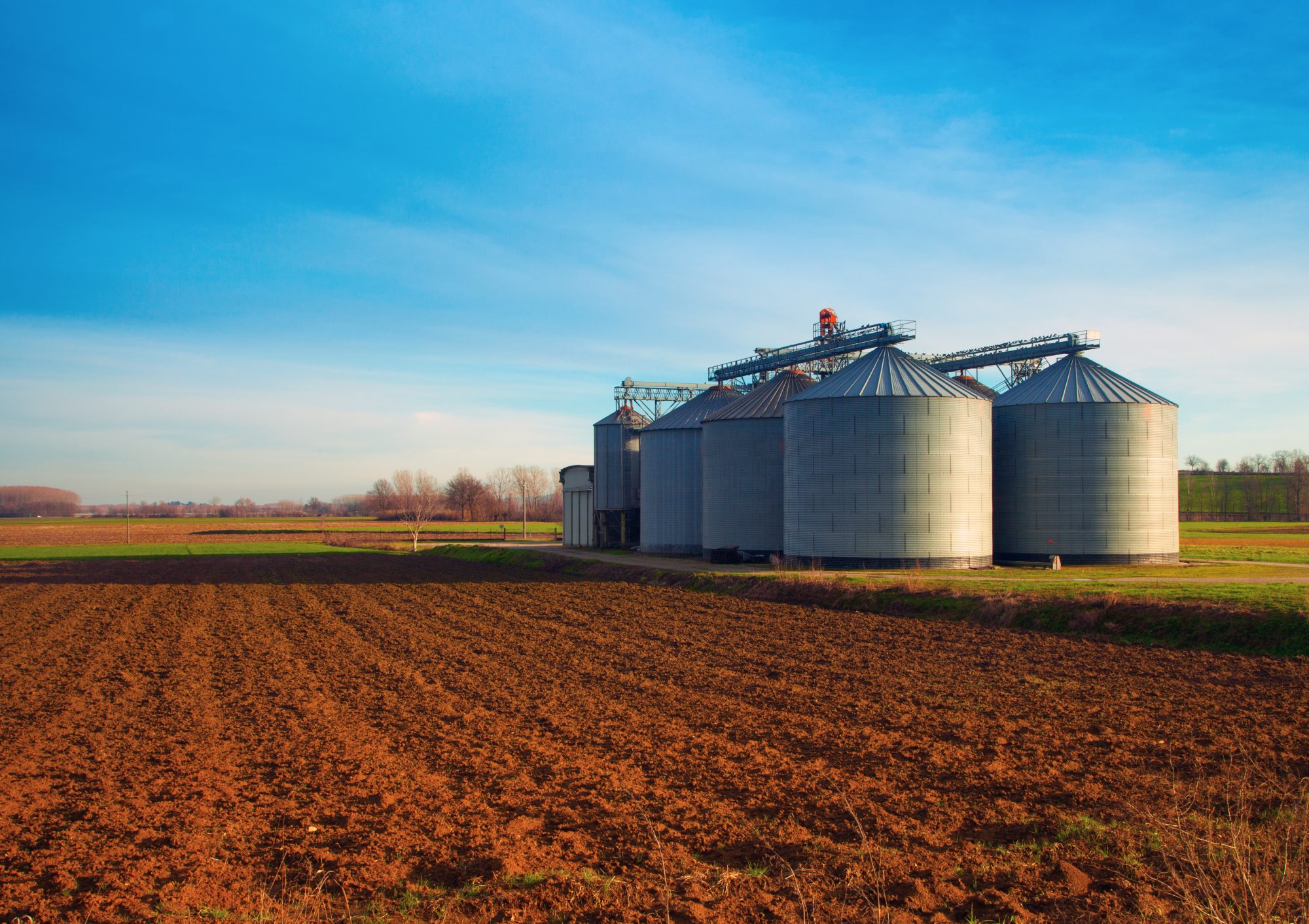 Industrial Silos In The Fields, In The Sunset