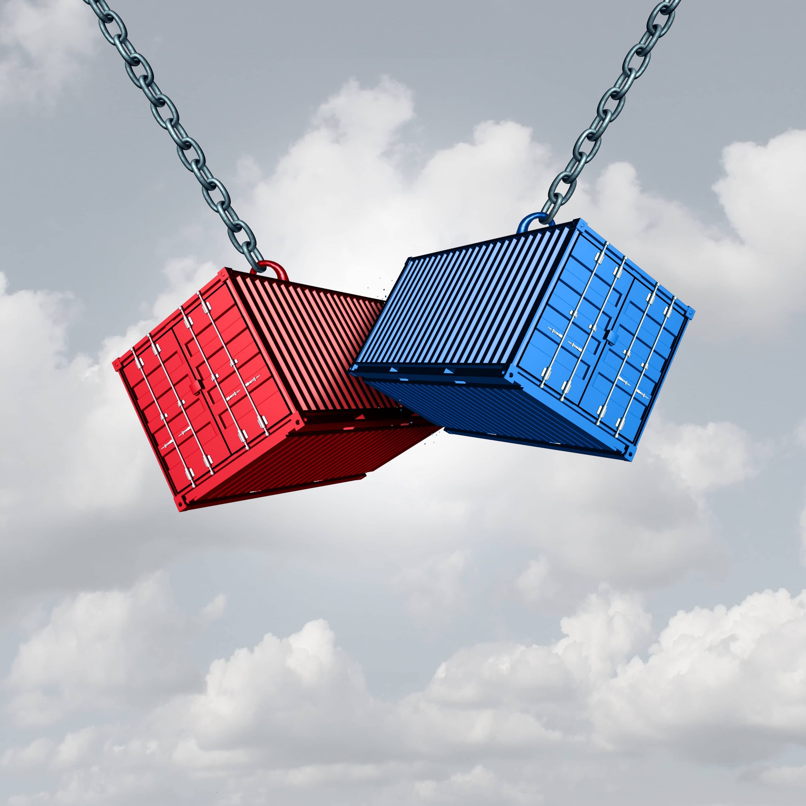 Trade War Concept And Economic Conflict Metaphor As Two Cargo Freight Shipping Containers Crashing Into Each Other As A Financial Commerce Symbol With 3D Illustration.